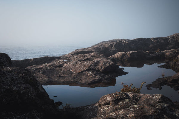 Misty rocky shoreline at dawn with a still tide pool between the rocks